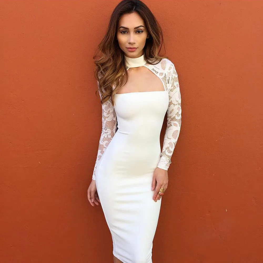 Back Zipper Turtleneck Long Sleeve White Black Lace Club Dress Winter Women Elegant Bodycon Pencil Party Dress