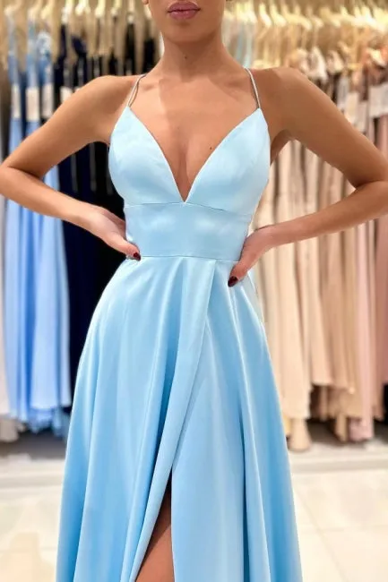 Ballbella Chic V-neck Sleeveless Satin Evening Dress With Slit Long Blue