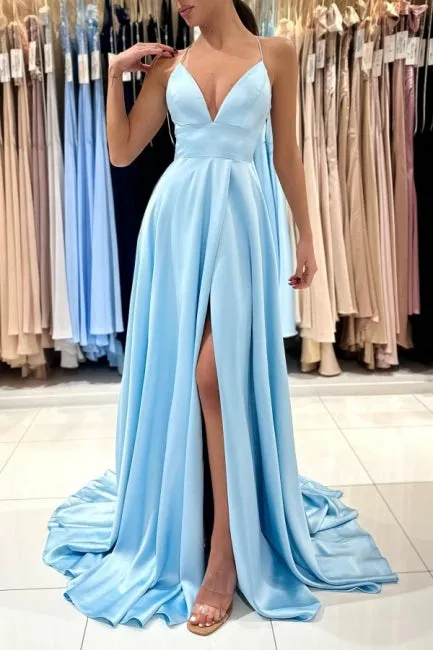 Ballbella Chic V-neck Sleeveless Satin Evening Dress With Slit Long Blue