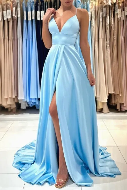 Ballbella Chic V-neck Sleeveless Satin Evening Dress With Slit Long Blue