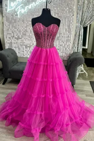 Beaded Fuchsia Tulle Ruffles Long Prom Dress