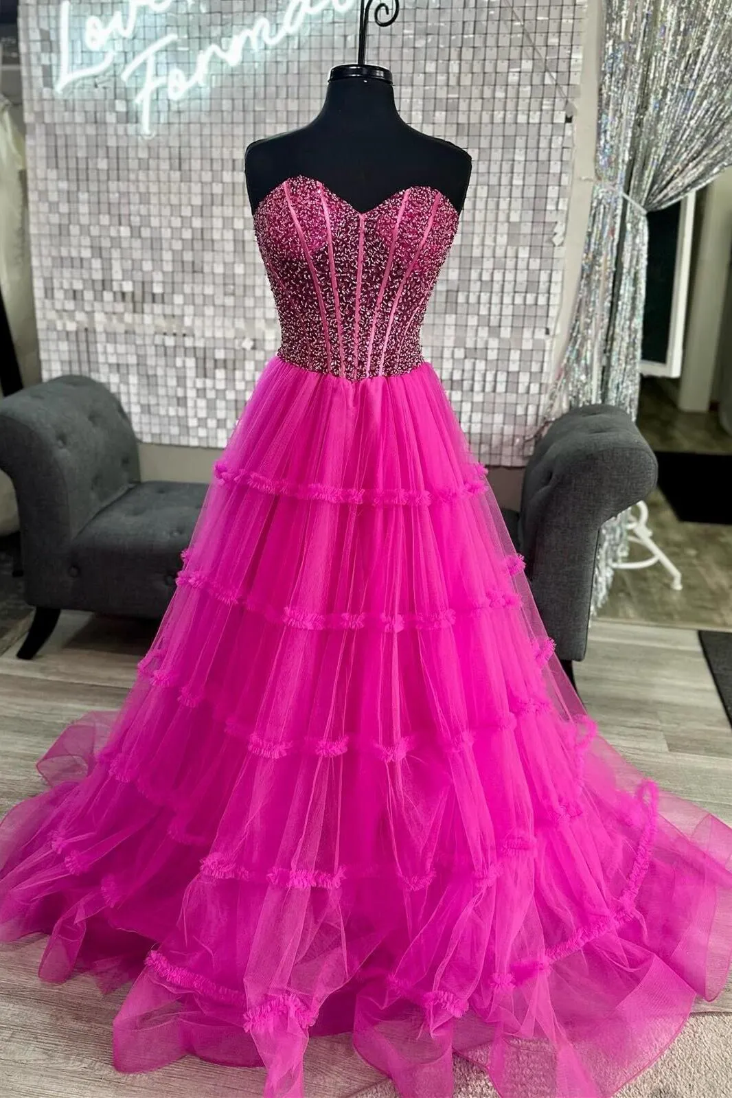 Beaded Fuchsia Tulle Ruffles Long Prom Dress