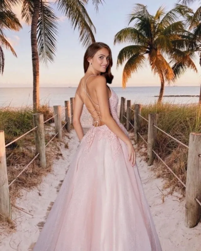 Beautiful pink Prom dresses with lace Evening Swing Dress