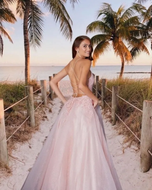 Beautiful pink Prom dresses with lace Evening Swing Dress