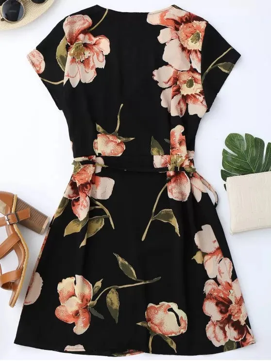 BerryBetty - Cute Cap Sleeve Floral Mini Wrap Dress