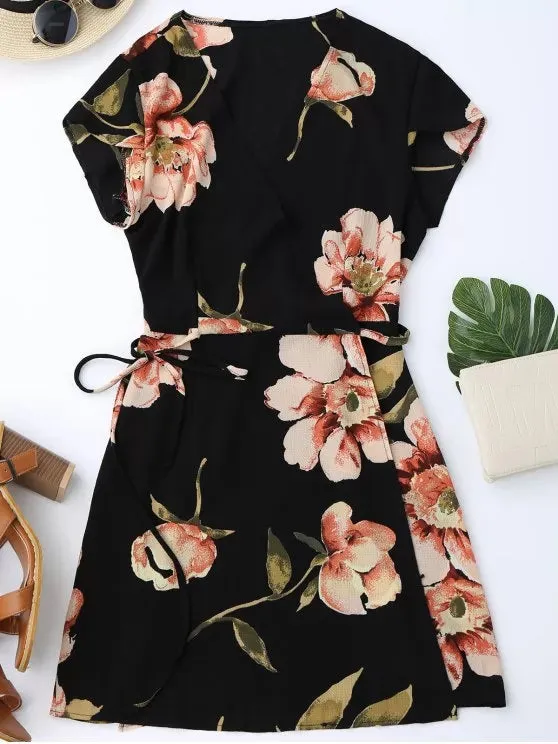 BerryBetty - Cute Cap Sleeve Floral Mini Wrap Dress