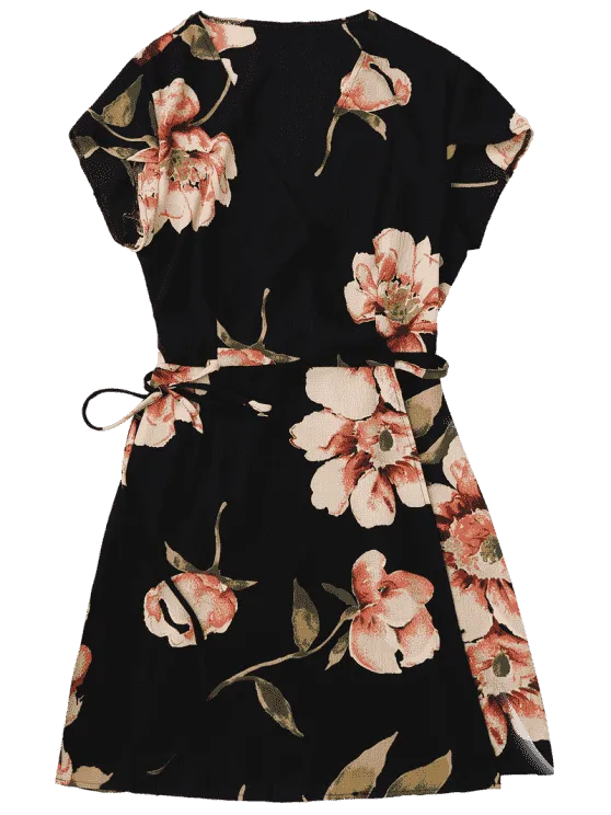 BerryBetty - Cute Cap Sleeve Floral Mini Wrap Dress