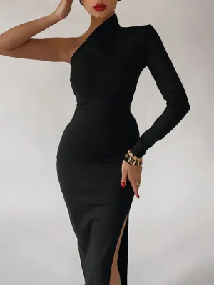 BerryBetty - Elegant Dresses for Women Summer One Shoulder Maxi Dress Bodycon Sexy Black Long Fomal Wedding Evening Party Dress Fashion