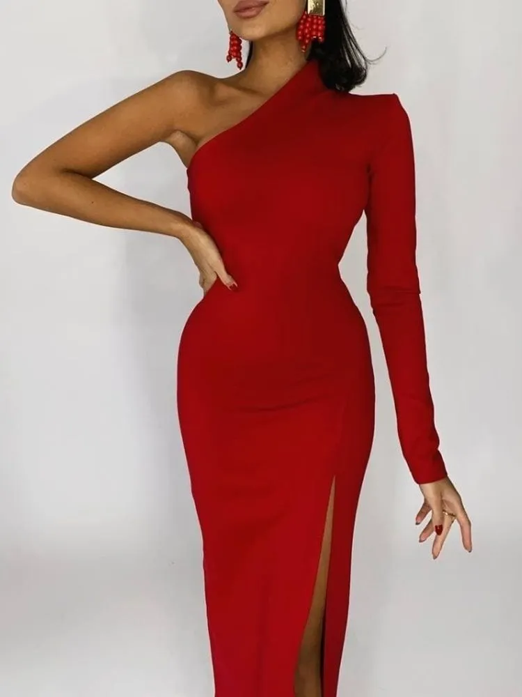 BerryBetty - Elegant Dresses for Women Summer One Shoulder Maxi Dress Bodycon Sexy Black Long Fomal Wedding Evening Party Dress Fashion