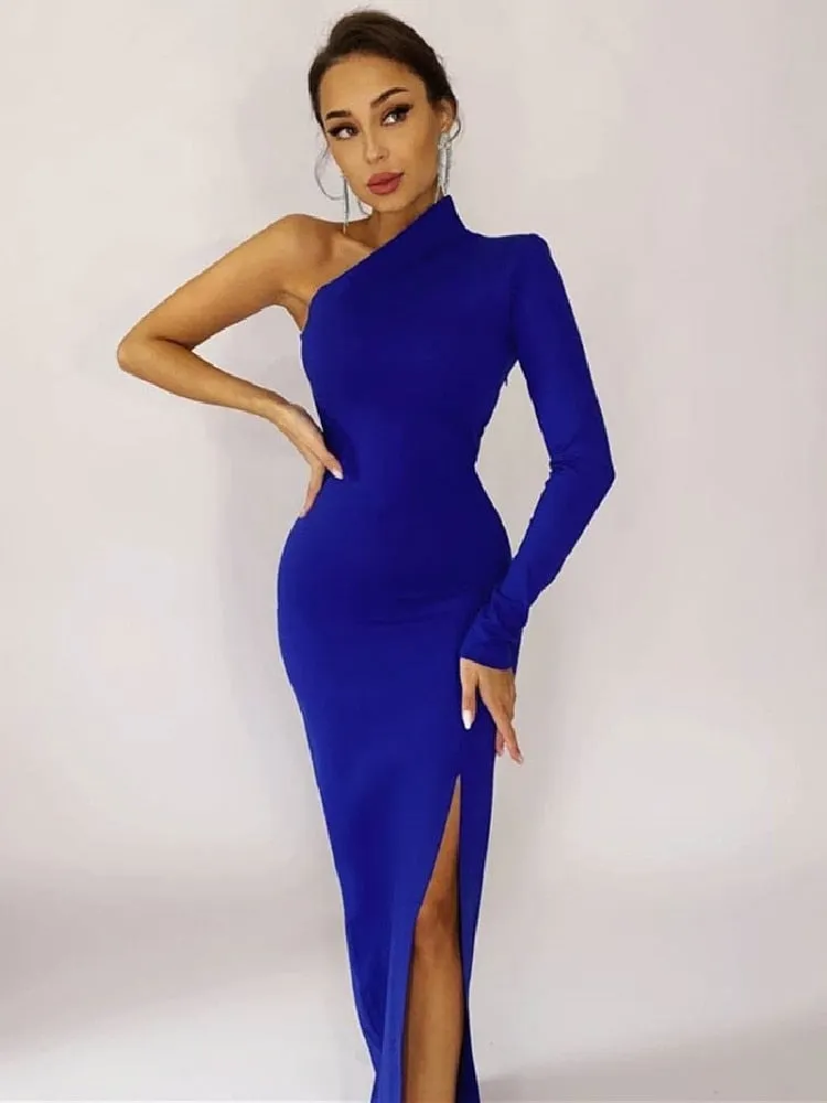 BerryBetty - Elegant Dresses for Women Summer One Shoulder Maxi Dress Bodycon Sexy Black Long Fomal Wedding Evening Party Dress Fashion