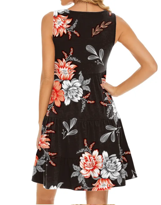 BerryBetty - Floral Swing Dress Cute Scoop Neck Sleeveless Tiered Flowy Mini Dresses Beach Sundress