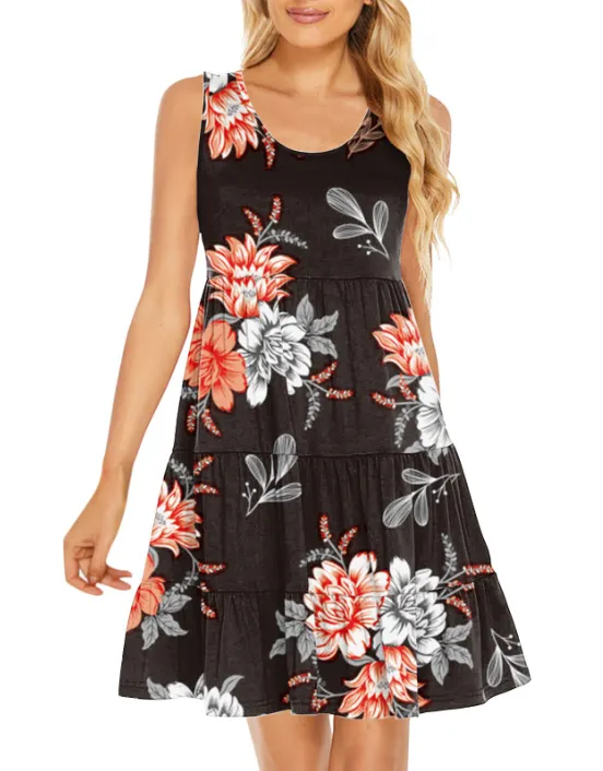 BerryBetty - Floral Swing Dress Cute Scoop Neck Sleeveless Tiered Flowy Mini Dresses Beach Sundress