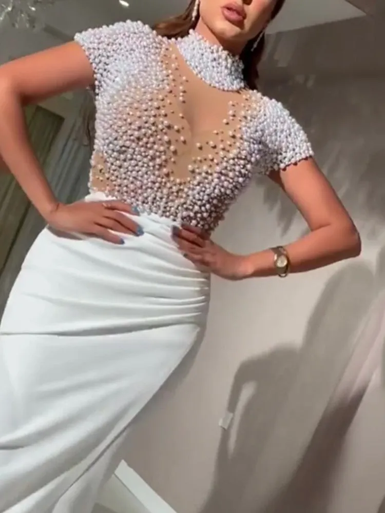 BerryBetty - Women Sexy Dress Transparent Tulle with Bead Tops Patchwork Slit Party Dresses Short Sleeves Female Summer Night Date Out