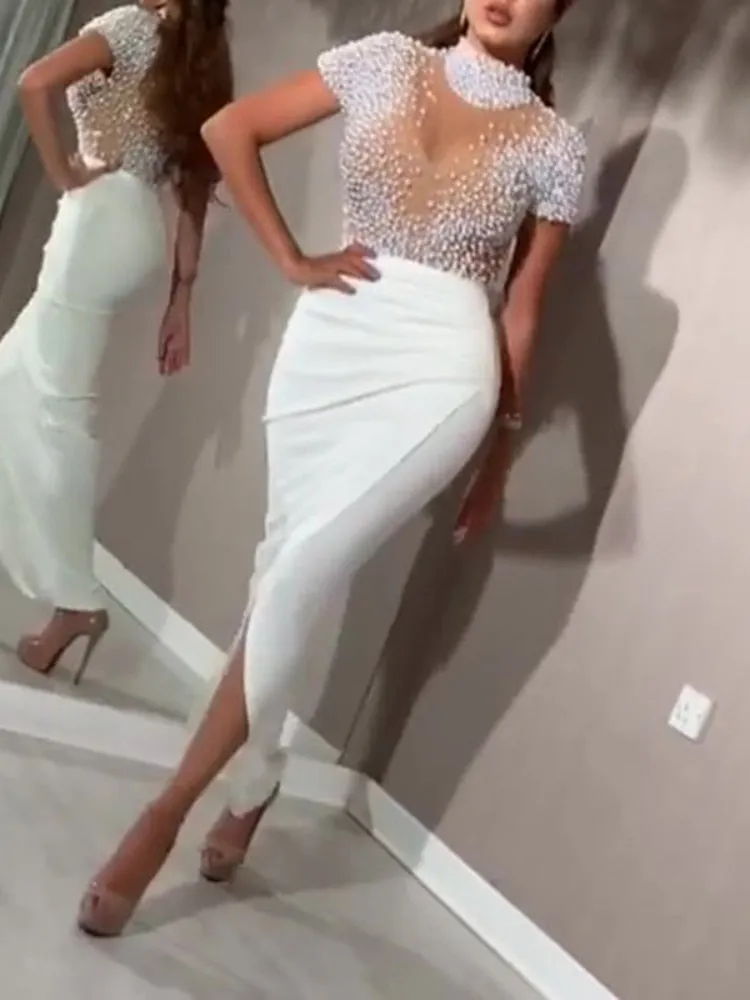 BerryBetty - Women Sexy Dress Transparent Tulle with Bead Tops Patchwork Slit Party Dresses Short Sleeves Female Summer Night Date Out