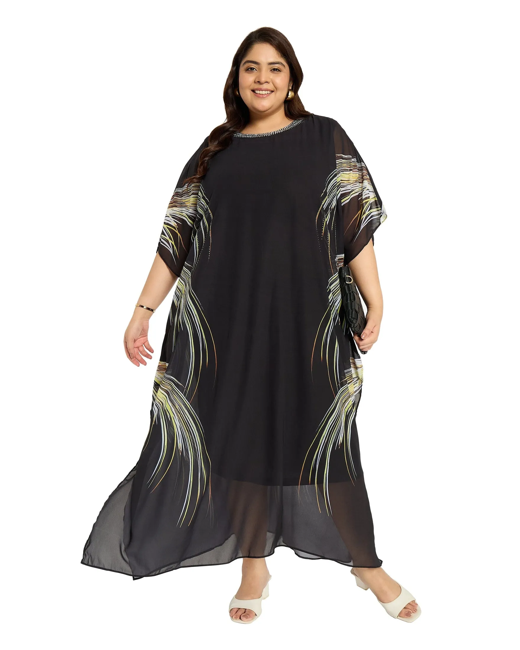 Black Leaf Georgette Plus Size Kaftan Dresses for Women