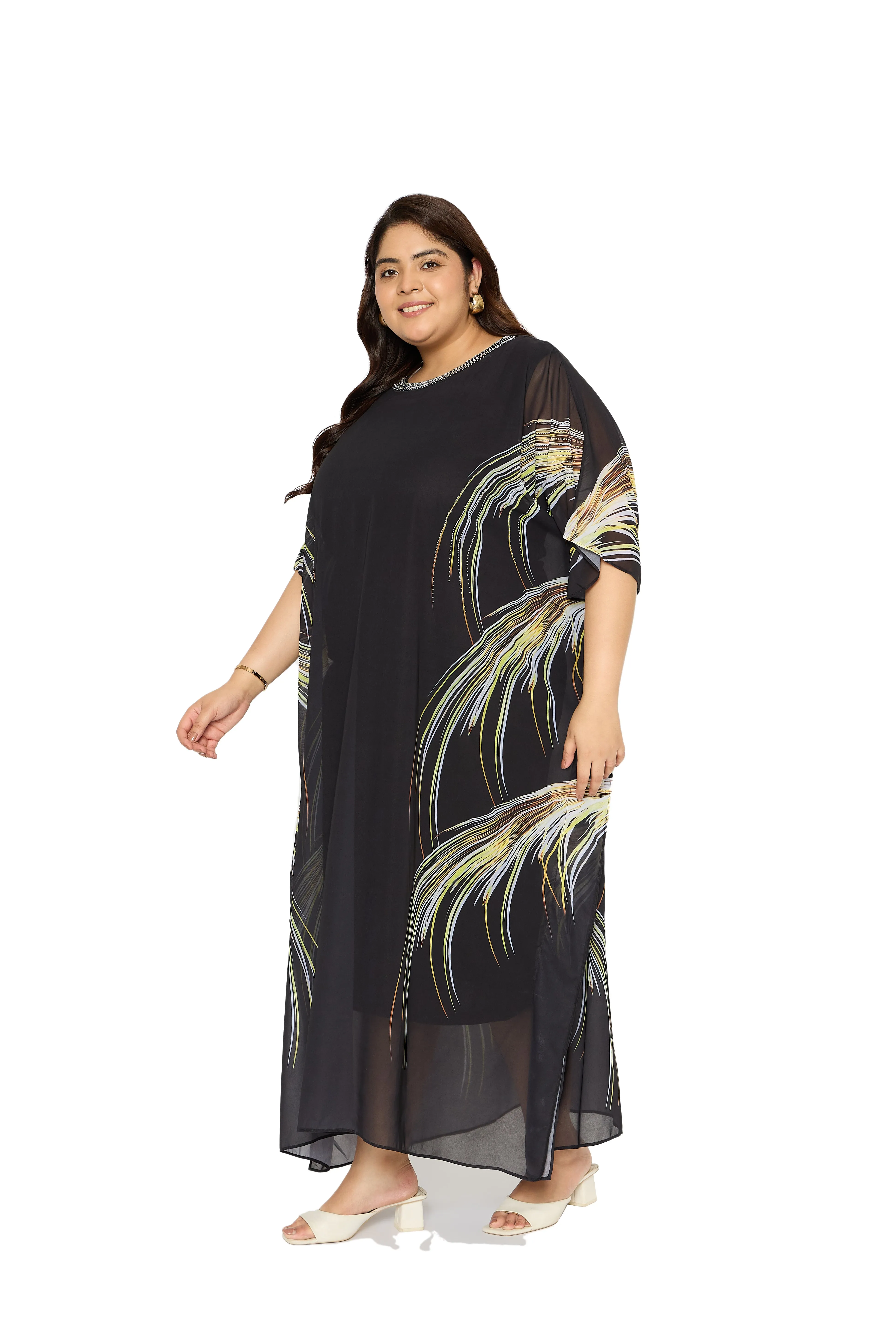 Black Leaf Georgette Plus Size Kaftan Dresses for Women