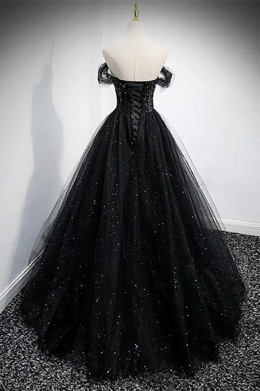 Black Off the Shoulder Tulle Formal Gown