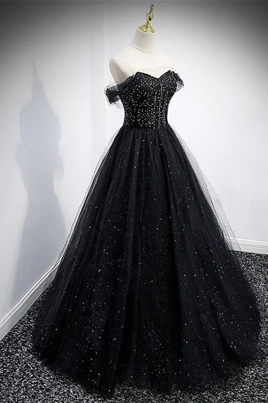 Black Off the Shoulder Tulle Formal Gown