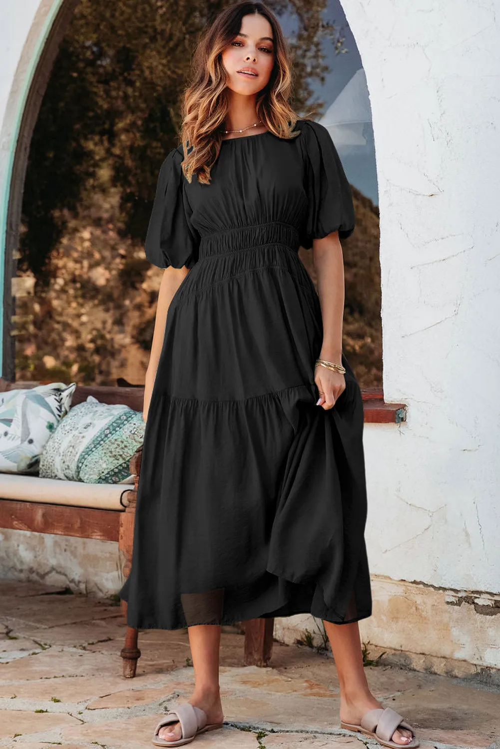 Black Puff Sleeve Pleated High Waist Flowy Long Dress