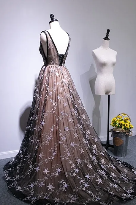 Black Stars Tulle A-line Long Formal Dress