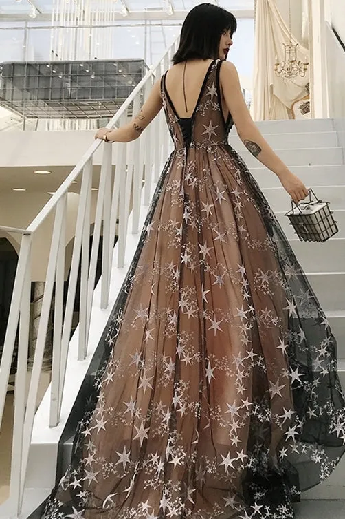 Black Stars Tulle A-line Long Formal Dress