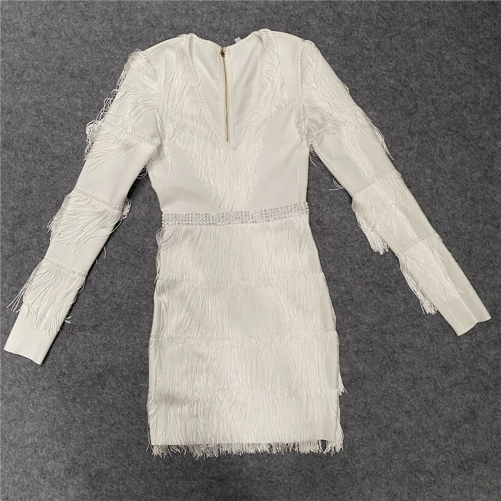 Black White Tassel Long Sleeve V-Neck Sexy Dress