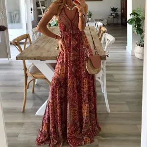Blanca - Red bohemian-chic maxi dress with thin straps and print