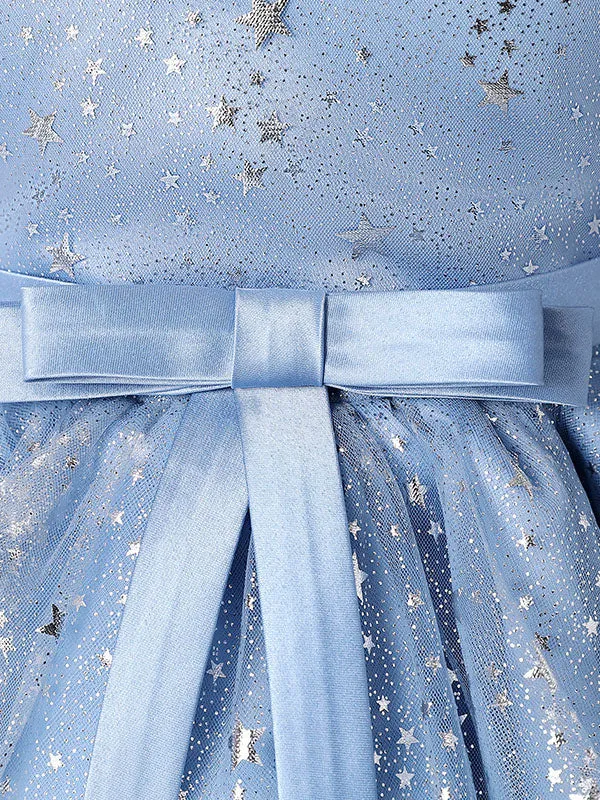 Blue Jewel Neck 3/4 Length Sleeves Bows Formal Kids Pageant flower girl dresses
