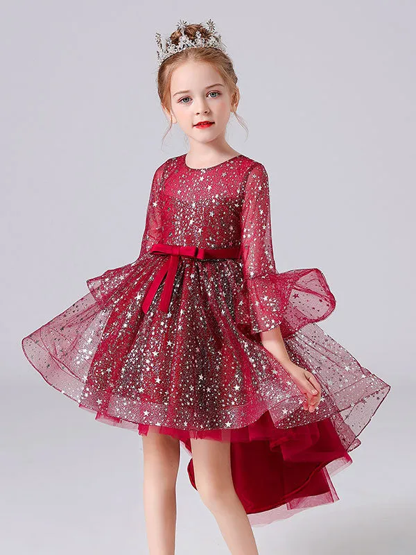 Blue Jewel Neck 3/4 Length Sleeves Bows Formal Kids Pageant flower girl dresses