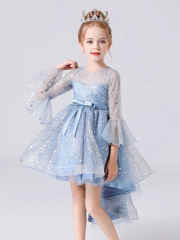 Blue Jewel Neck 3/4 Length Sleeves Bows Formal Kids Pageant flower girl dresses
