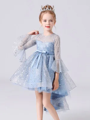 Blue Jewel Neck 3/4 Length Sleeves Bows Formal Kids Pageant flower girl dresses