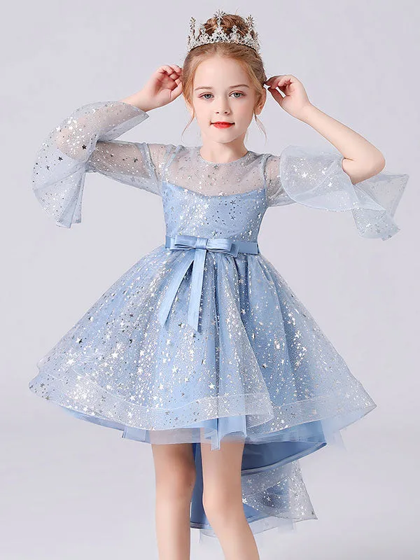 Blue Jewel Neck 3/4 Length Sleeves Bows Formal Kids Pageant flower girl dresses