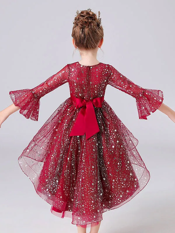 Blue Jewel Neck 3/4 Length Sleeves Bows Formal Kids Pageant flower girl dresses