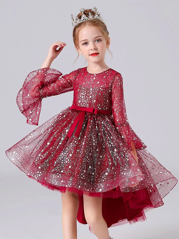 Blue Jewel Neck 3/4 Length Sleeves Bows Formal Kids Pageant flower girl dresses