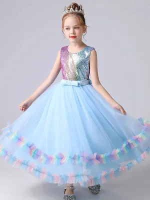 Blue Jewel Neck Tulle Sleeveless Ankle-Length Bows Kids Social Party Dresses Princess Dress