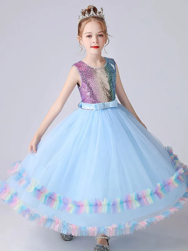 Blue Jewel Neck Tulle Sleeveless Ankle-Length Bows Kids Social Party Dresses Princess Dress