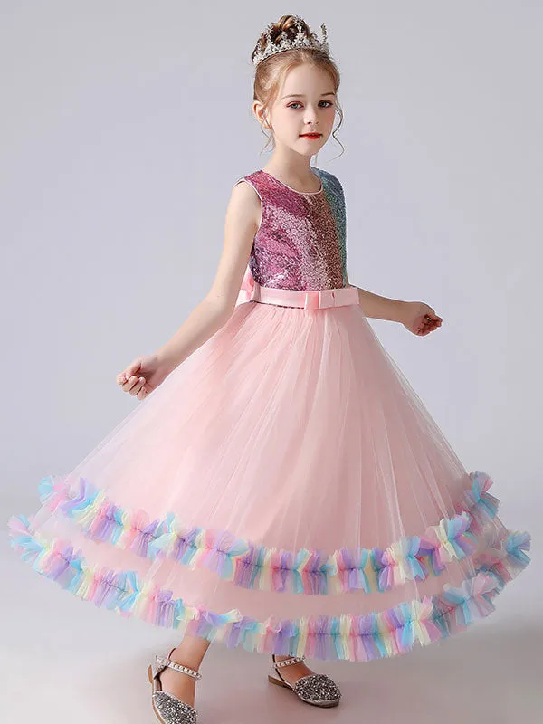 Blue Jewel Neck Tulle Sleeveless Ankle-Length Bows Kids Social Party Dresses Princess Dress