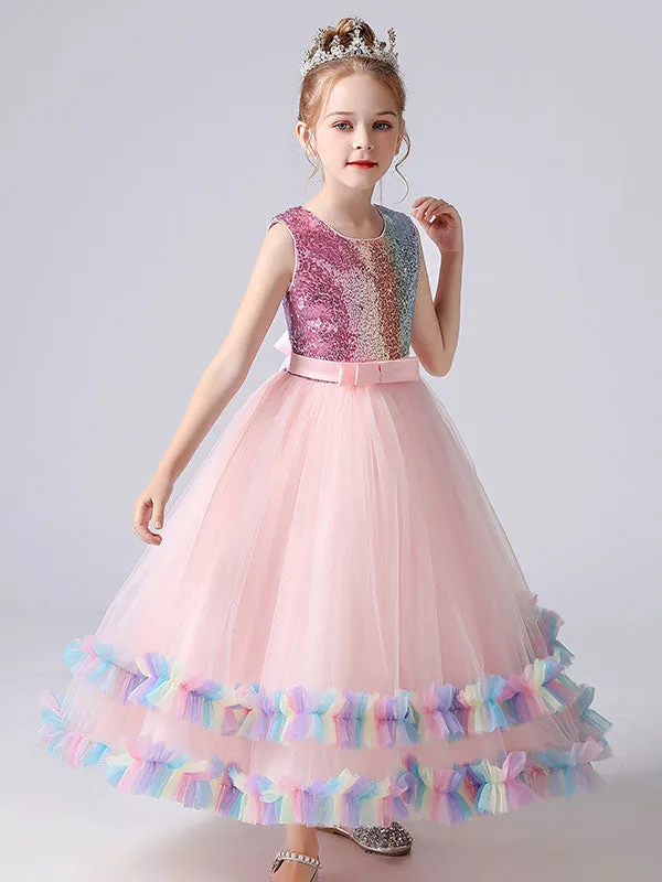 Blue Jewel Neck Tulle Sleeveless Ankle-Length Bows Kids Social Party Dresses Princess Dress