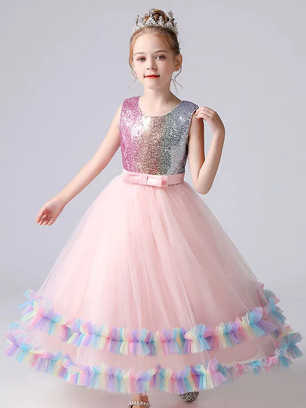 Blue Jewel Neck Tulle Sleeveless Ankle-Length Bows Kids Social Party Dresses Princess Dress