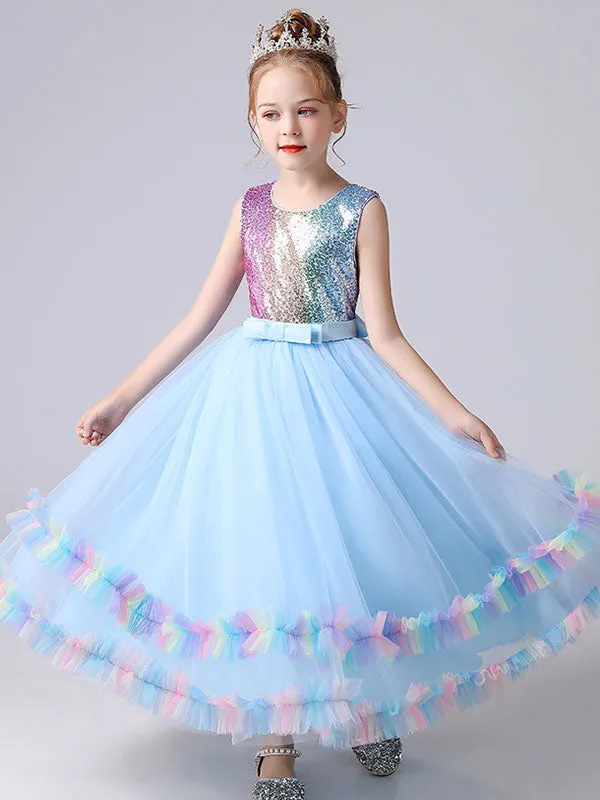 Blue Jewel Neck Tulle Sleeveless Ankle-Length Bows Kids Social Party Dresses Princess Dress