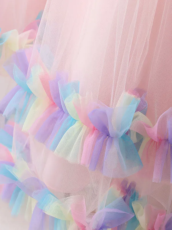 Blue Jewel Neck Tulle Sleeveless Ankle-Length Bows Kids Social Party Dresses Princess Dress