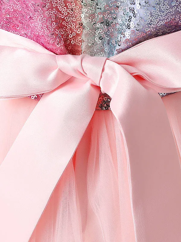 Blue Jewel Neck Tulle Sleeveless Ankle-Length Bows Kids Social Party Dresses Princess Dress
