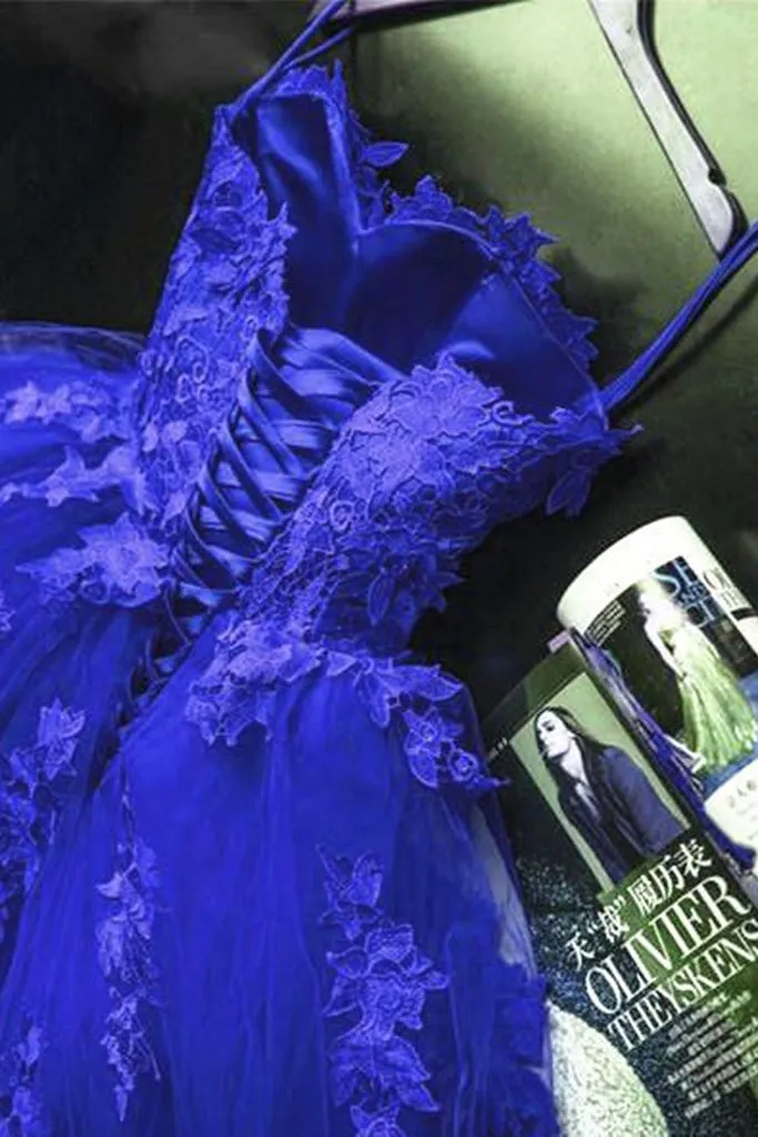 Blue Lace Floral Prom Dresses Tulle Applique Sweetheart Ball Gown Formal Dresses