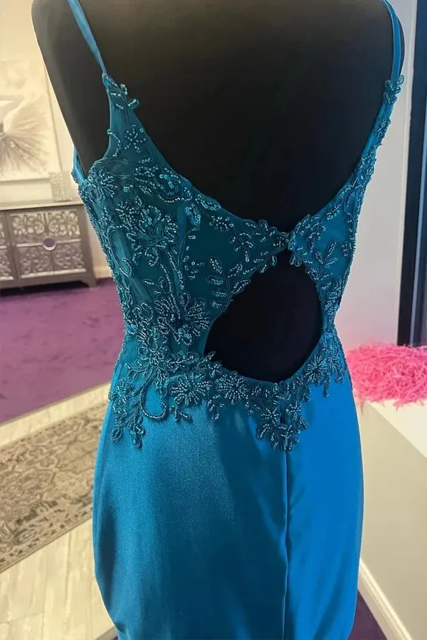 Blue Satin Sheath Corset Short Homecoming Dresses With Lace Appliques, MH636