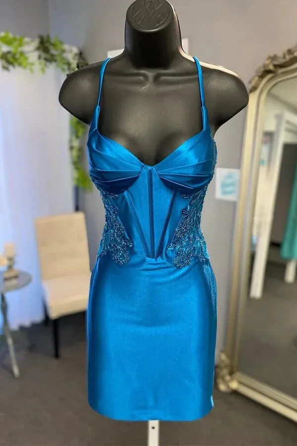 Blue Satin Sheath Corset Short Homecoming Dresses With Lace Appliques, MH636