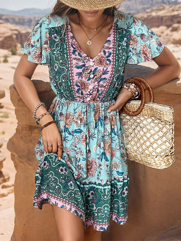 Bohemian Floral Print Dress with V-Neck and Tiered Skirt