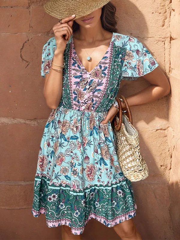 Bohemian Floral Print Dress with V-Neck and Tiered Skirt