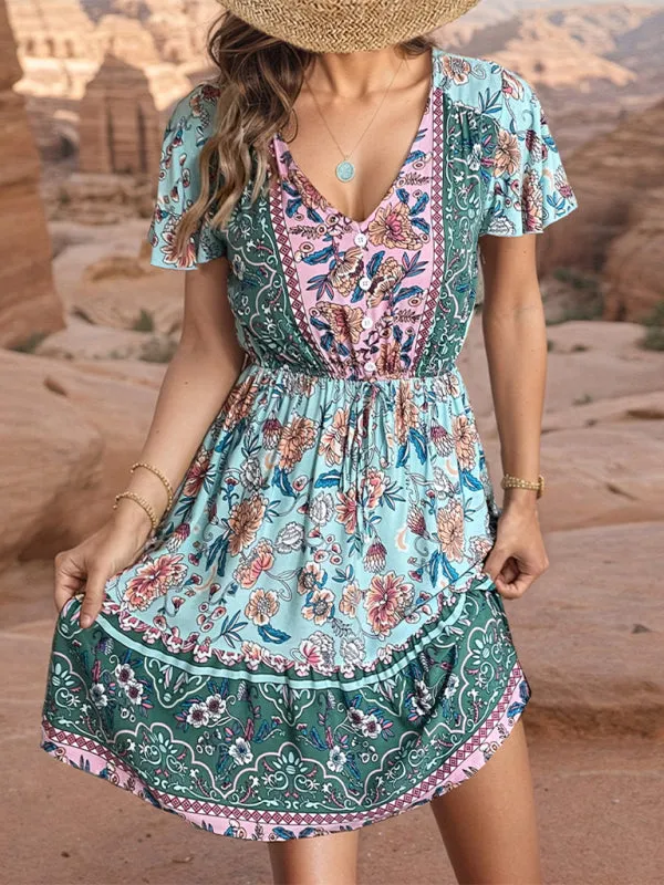 Bohemian Floral Print Dress with V-Neck and Tiered Skirt