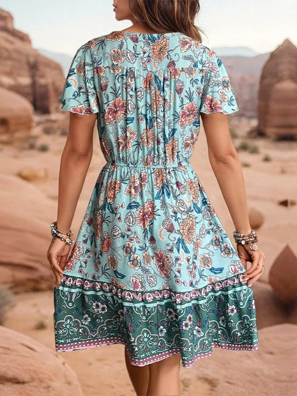 Bohemian Floral Print Dress with V-Neck and Tiered Skirt