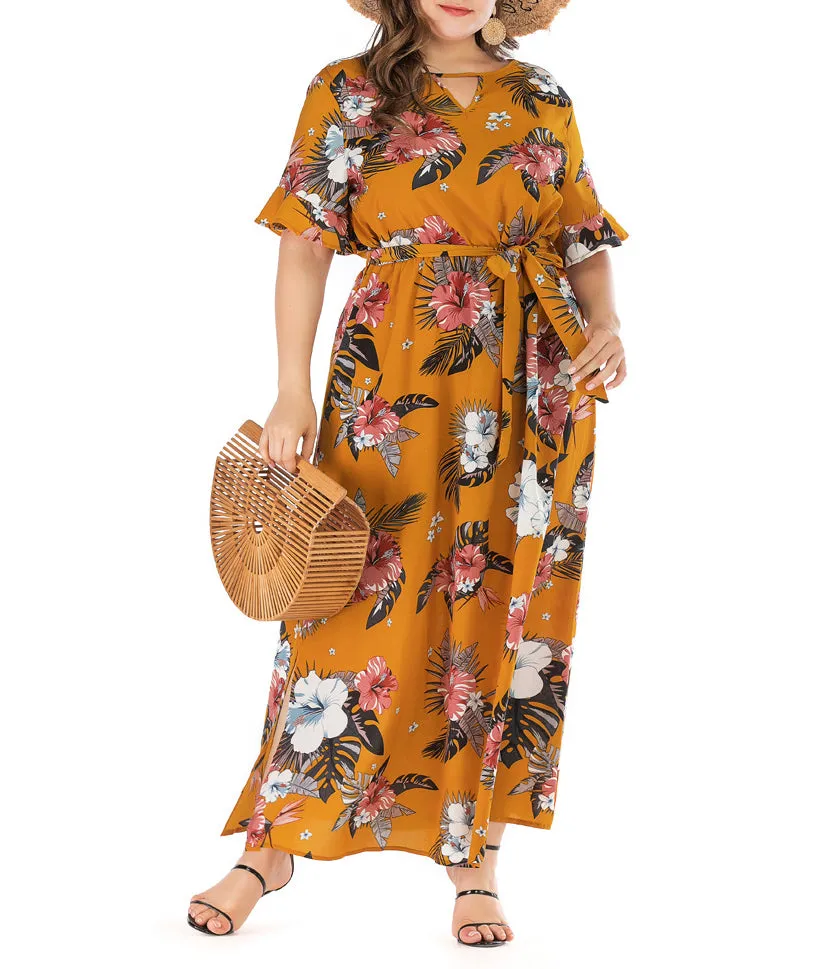 Bohemian Large Size Short Sleeve V-neck Dress
